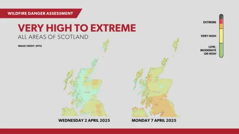 EFFIS A graphic says "Wildfire danger assessment: Very high to extreme, all areas of Scotland". It shows a map of Scotland which is labelled Wednesday 2 April. This map shows south, north east and some western coastal areas of Scotland to have a very high or extreme risk of wildfires. Another map, labelled Monday 7 April, shows almost all of Scotland covered by an extreme warning for wildfires, with a stronger warning from the central belt and down.
