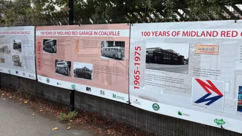 Leicester Transport Heritage Trust Banners side by side with different time periods and information about the Midland Red Garage